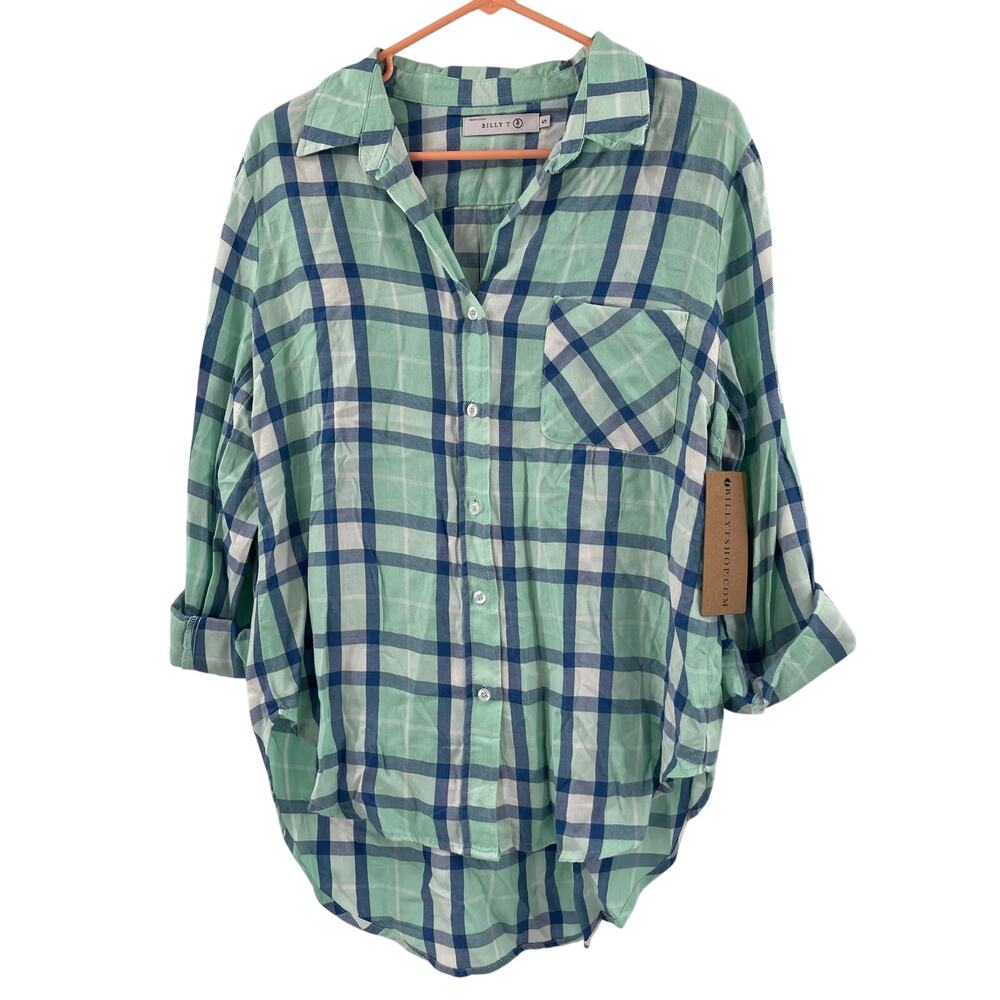 BILLY T Flannel Button Down Shirt Small Plaid Checks Womens Green Blue Casual